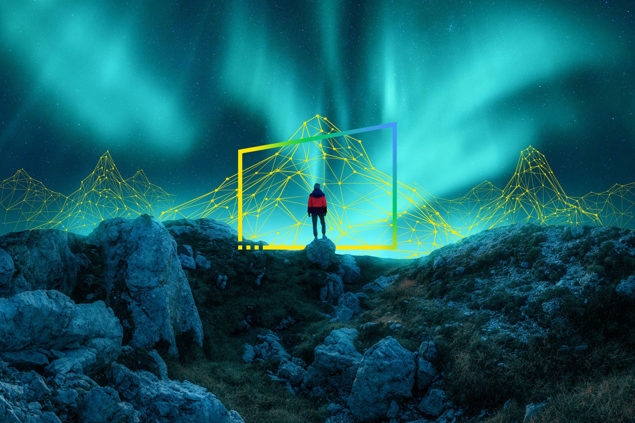 Northern lights, stones and silhouette of alone girl on mountain trail. Landscape with polar lights. Starry sky with bright aurora. Travel